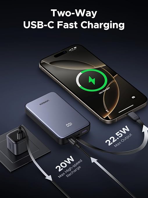 POWER BANK Ugreen "PB505", 20000mAh, 20W, 1 x USB Type-C input/output, cablu USB Type-C integrat, gri "45762"