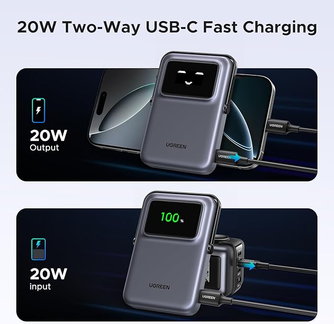 POWER BANK Ugreen "PB764", 10000mAh, 20W, prindere magnetica, wireless charging: Qi 2 15W max, 1 x USB Type-C input/output, gri "45329"