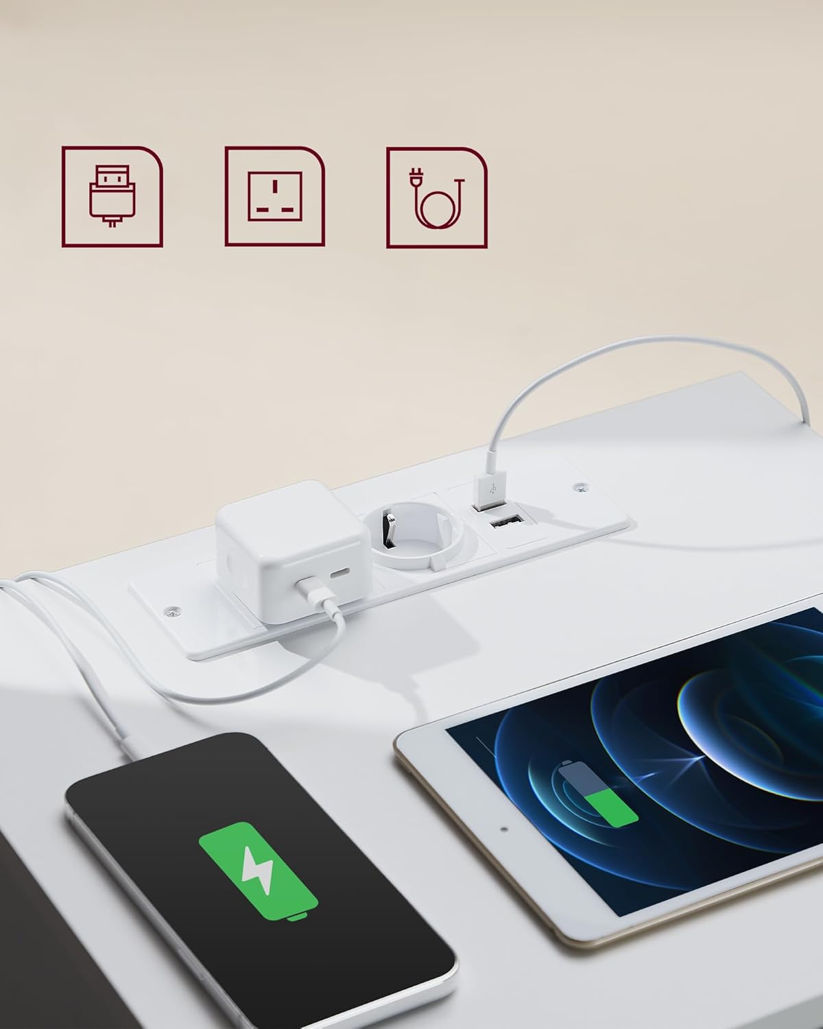 VASAGLE Noptiera cu 3 sertare, din PAL, cu 2 prize si 2 porturi USB, 40x35x59 cm, alb