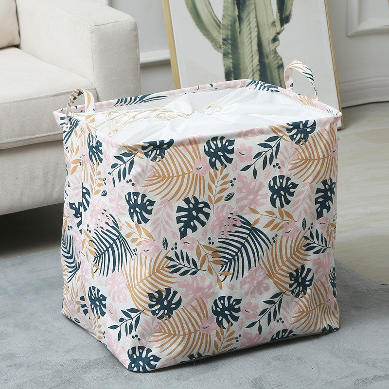 Cos de Depozitare pentru Rufe, Cos Pliabil CLOTHBOX pentru Depozitarea Jucarii, Haine, Cos de Haine Murdare cu Snur, 80 x 50 x 50 cm, Model Frunze, Alb Multicolor