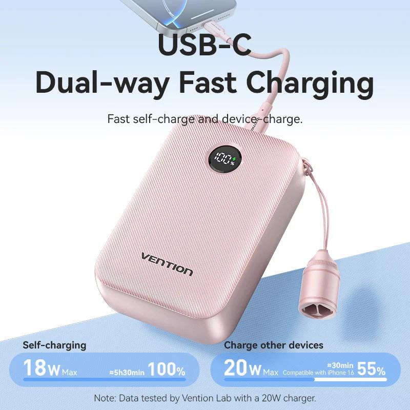 Power Bank Vention 20000mAh Power Bank (USB-C + USB-C/USB-C/USB-A) with Built-in USB-C to USB-C Cable 22.5W Beige LED Display Type , "FKBN0-C" - 6922794791350