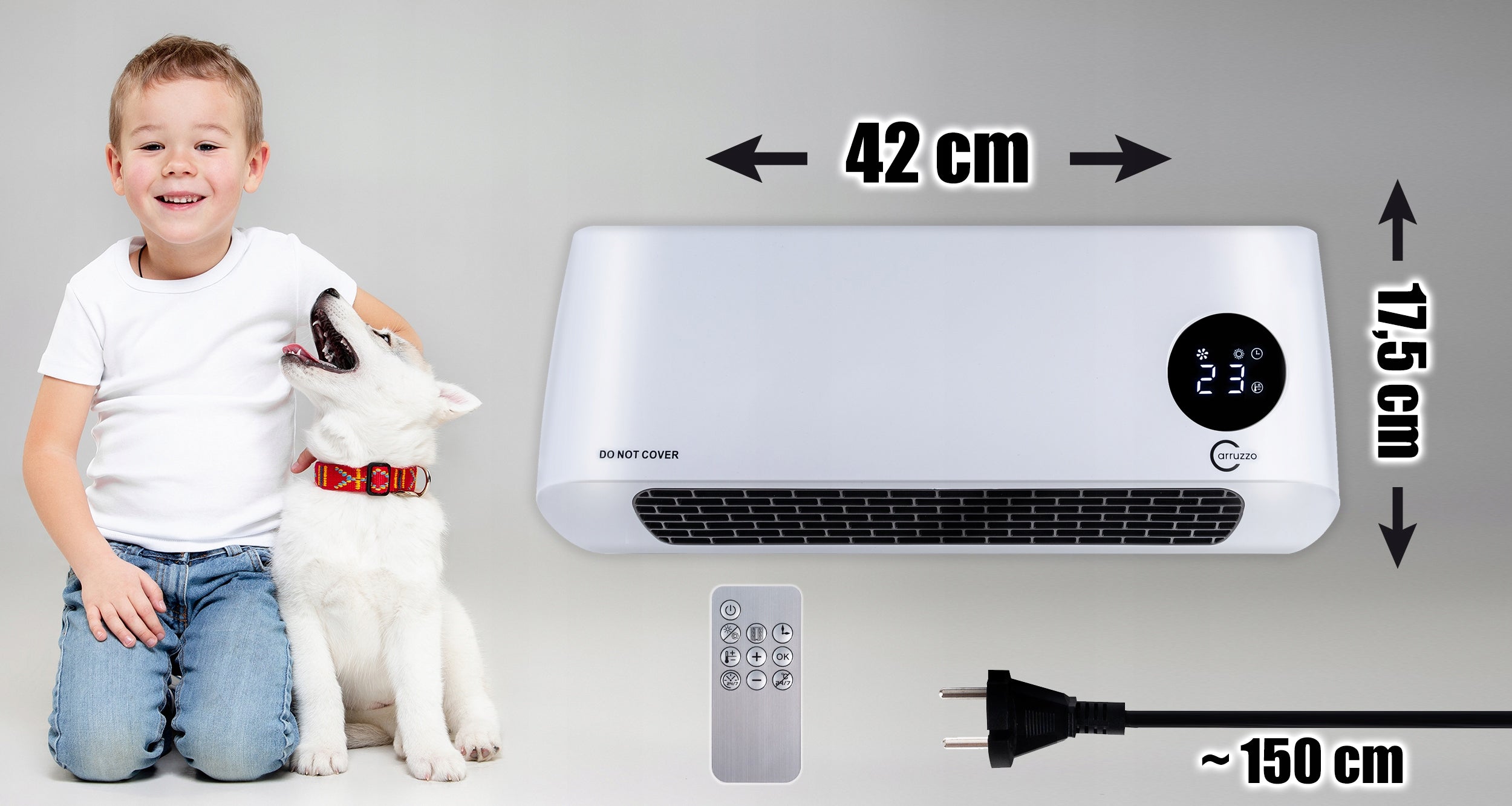 Aeroterma de perete, 2000W, telecomanda, timer, display LED, reglare flux, alb