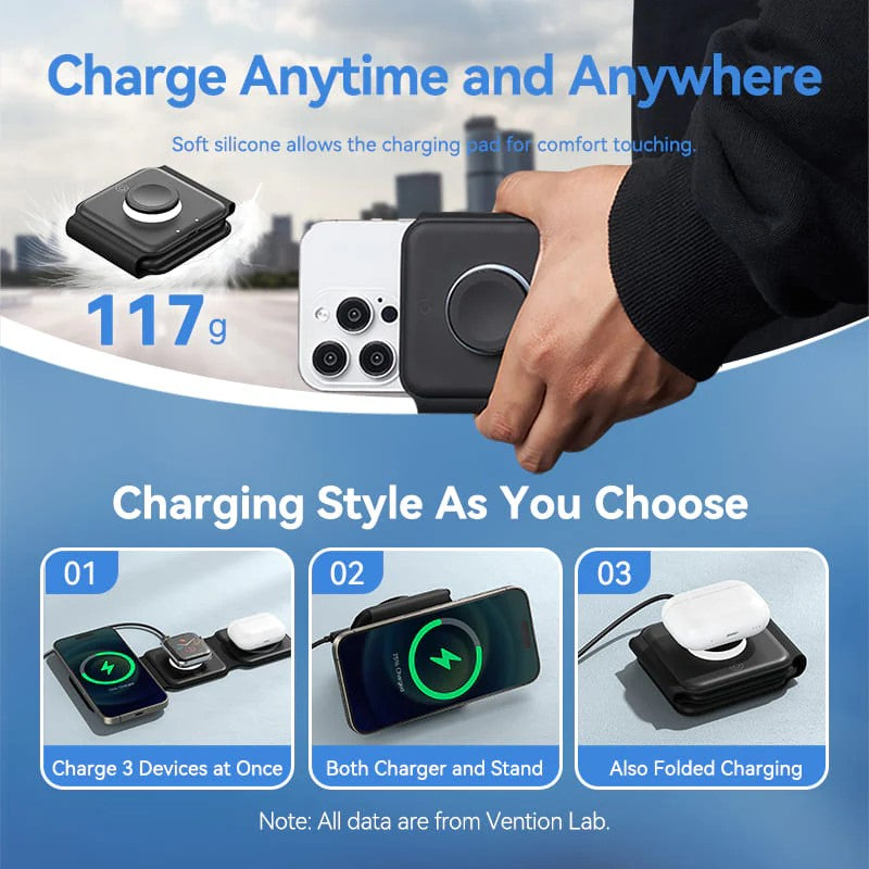 Statie incarcare wireless 3in1 Vention, MagSafe, telefon 15W, ceas 2.5W, casti 5W, fast charge, pliabil, magnetic, lumina LED, 1 x USB-C incarcare, negru, "FGGB0" - 6922794783836
