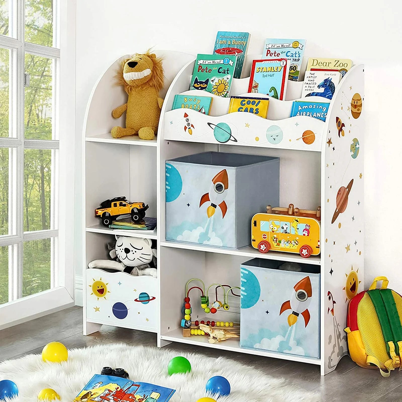 SONGMICS Organizator de jucarii si carti pentru copii, multifunctional cu 2 cutii de depozitare, 93x30x100cm, alb