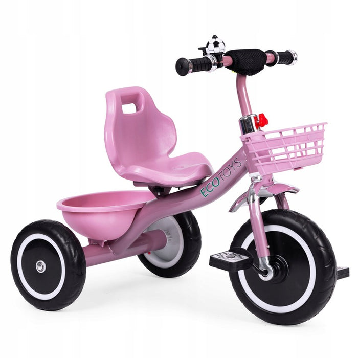 Tricicleta pentru copii 47 cm latime axa spate, cu cosuri si claxon, cadru otel, roti EVA, roz - BazarOltenia
