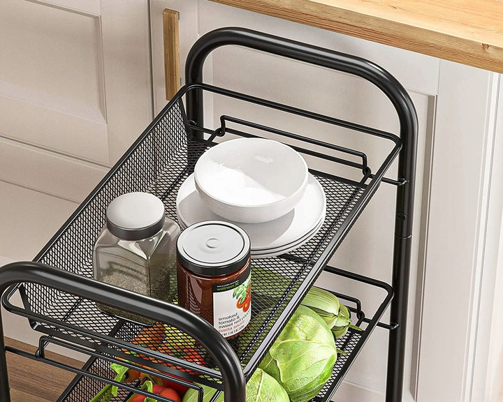 Raft metalic mobil tip carucior pentru bucatarie, 3 polite si 4 agatatori, negru, 44x26x64cm