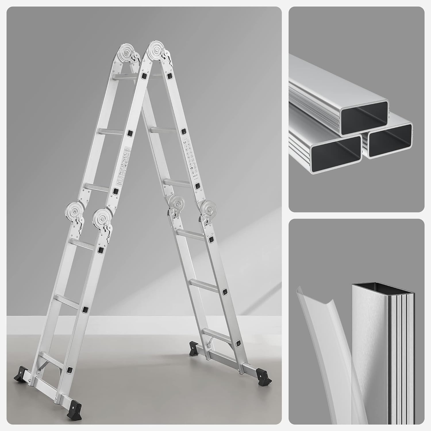 SONGMICS Scara multifunctionala din aluminiu, cu 2 placi tip platforma, 12 trepte, sarcina 150 kg, gri