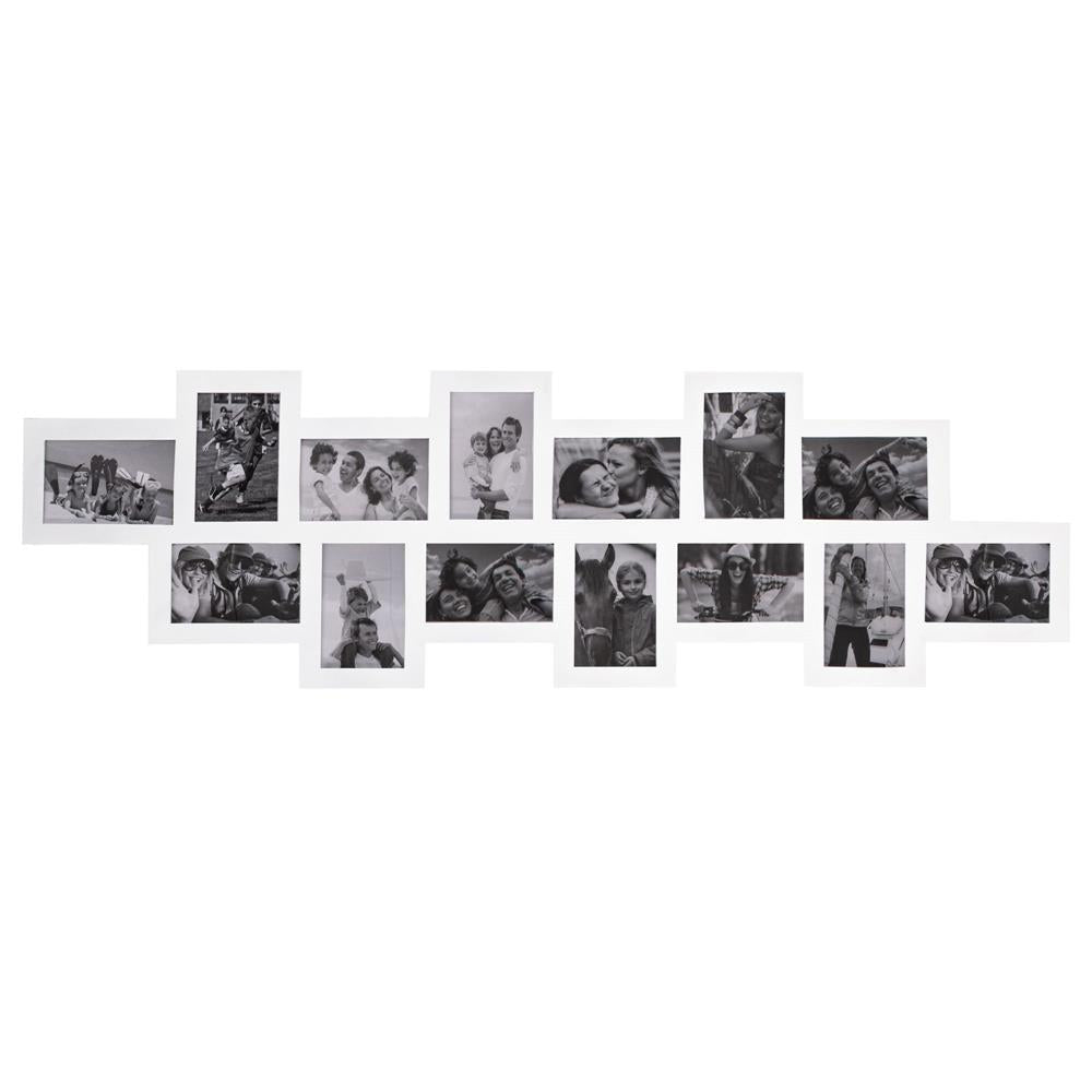 Rama foto de perete, colaj de 14 fotografii, 36x118cm, alb