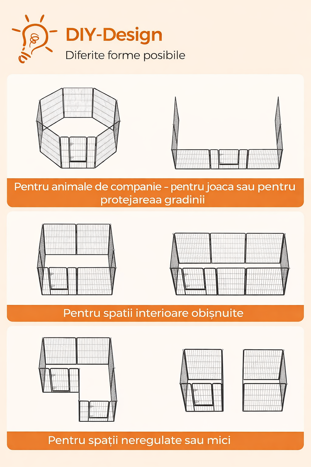 FEANDREA Tarc metalic pentru animale, 8 panouri modulare, utilizare interior sau exterior, 160x160x100 cm, negru