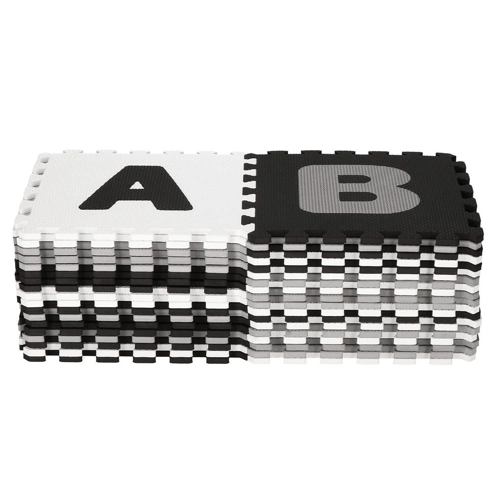 Covor din spuma pentru copii, tip puzzle alfabet si numere, 110 piese, termoizolant, 175x175 cm, negru, gri