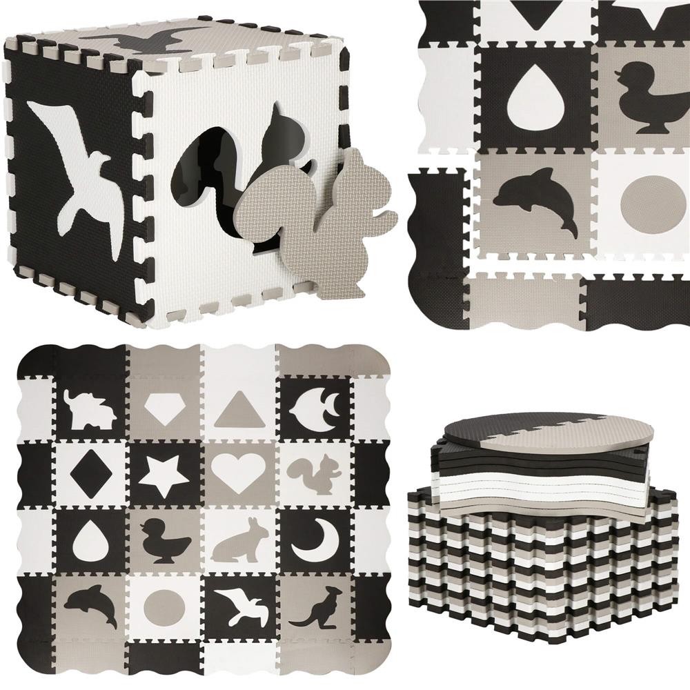Covor din spuma pentru copii, tip puzzle animale, 52 piese, termoizolant, 150x150 cm, gri negru