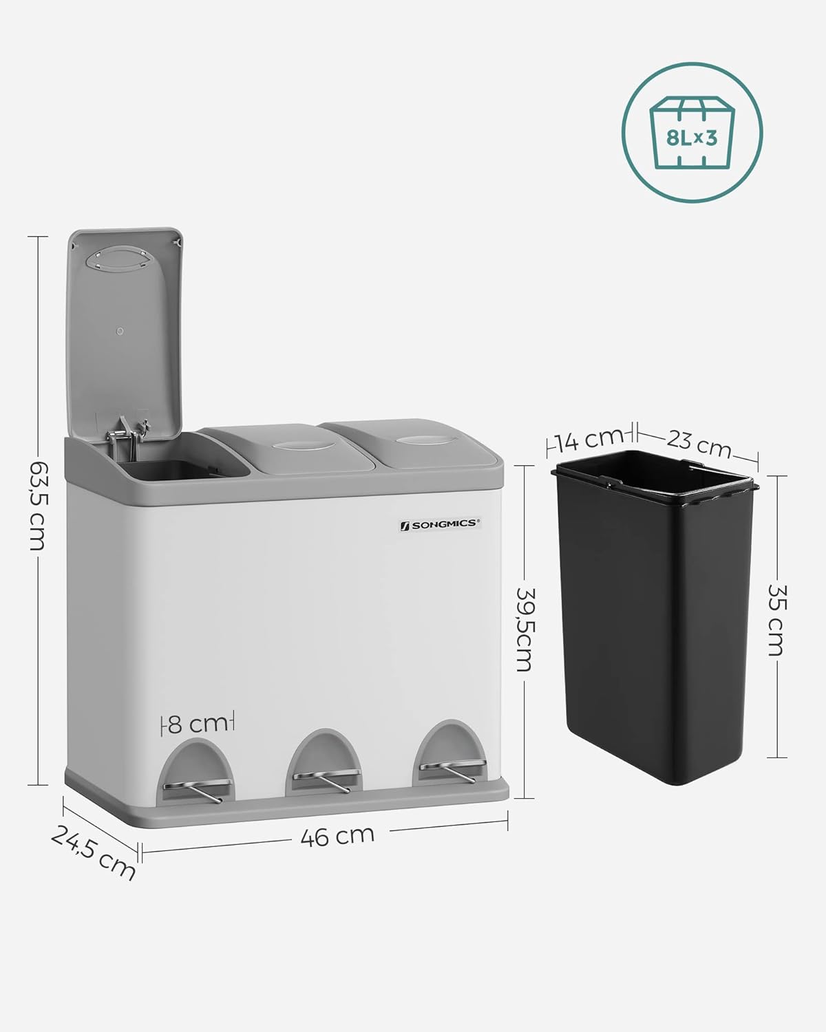 SONGMICS Cos de gunoi din otel cu 3 compartimente colectare selectiva, cu galeti interioare, 3x8litri, alb si gri