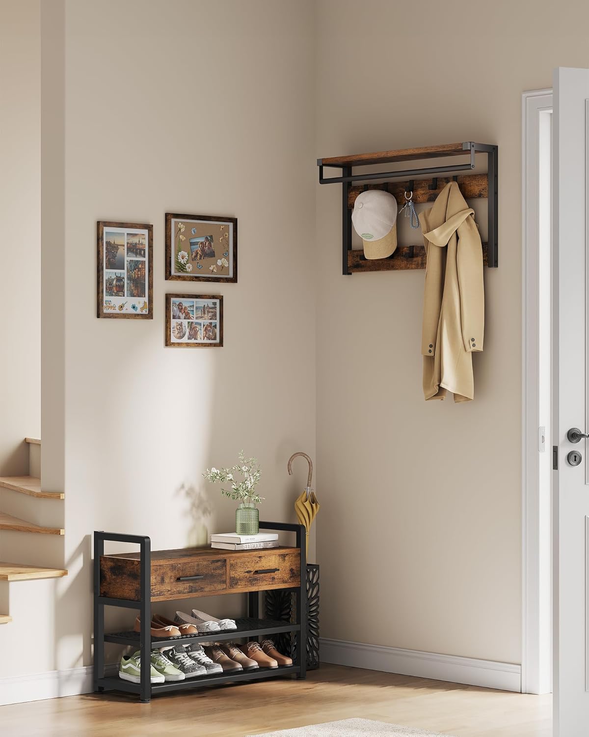 VASAGLE Cuier cu polite de depozitare pantofi si 2 sertare, cadru din otel, stil industrial, 30x80x182cm, maro rustic