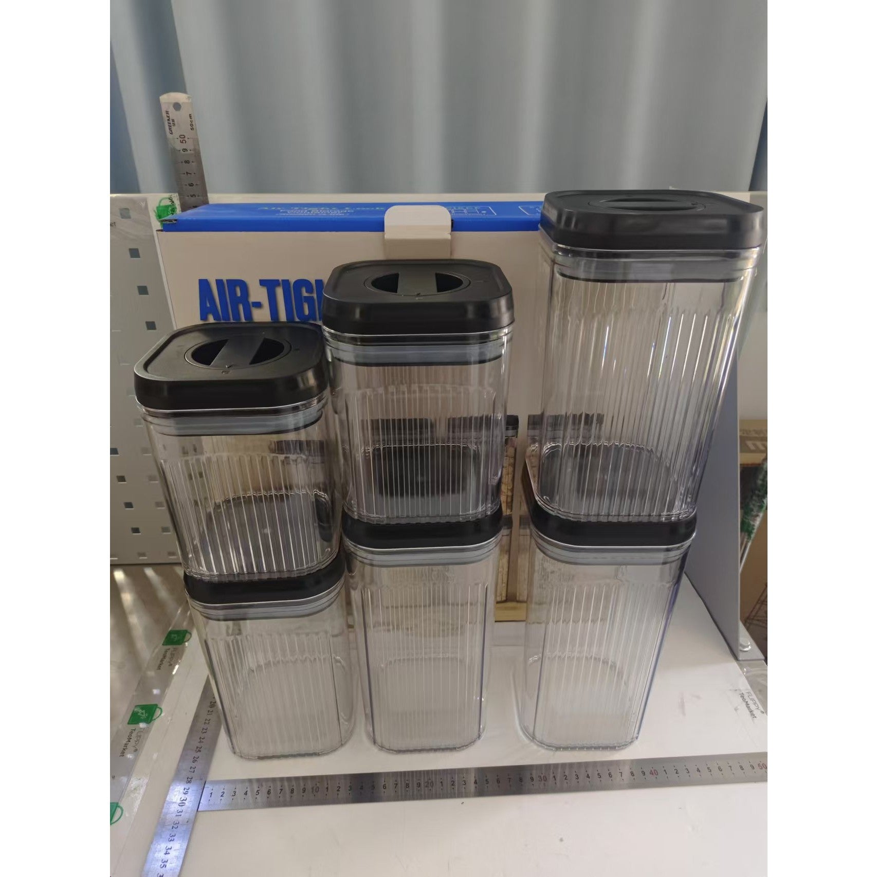 Cutii de Depozitare Alimente, Set din 6 Cutii de tip Container, Recipiente pentru Cereale in Bucatarie, Transparente cu Capac Negru