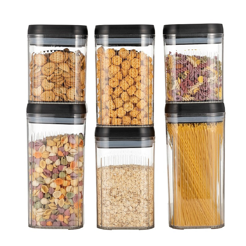 Cutii de Depozitare Alimente, Set din 6 Cutii de tip Container, Recipiente pentru Cereale in Bucatarie, Transparente cu Capac Negru