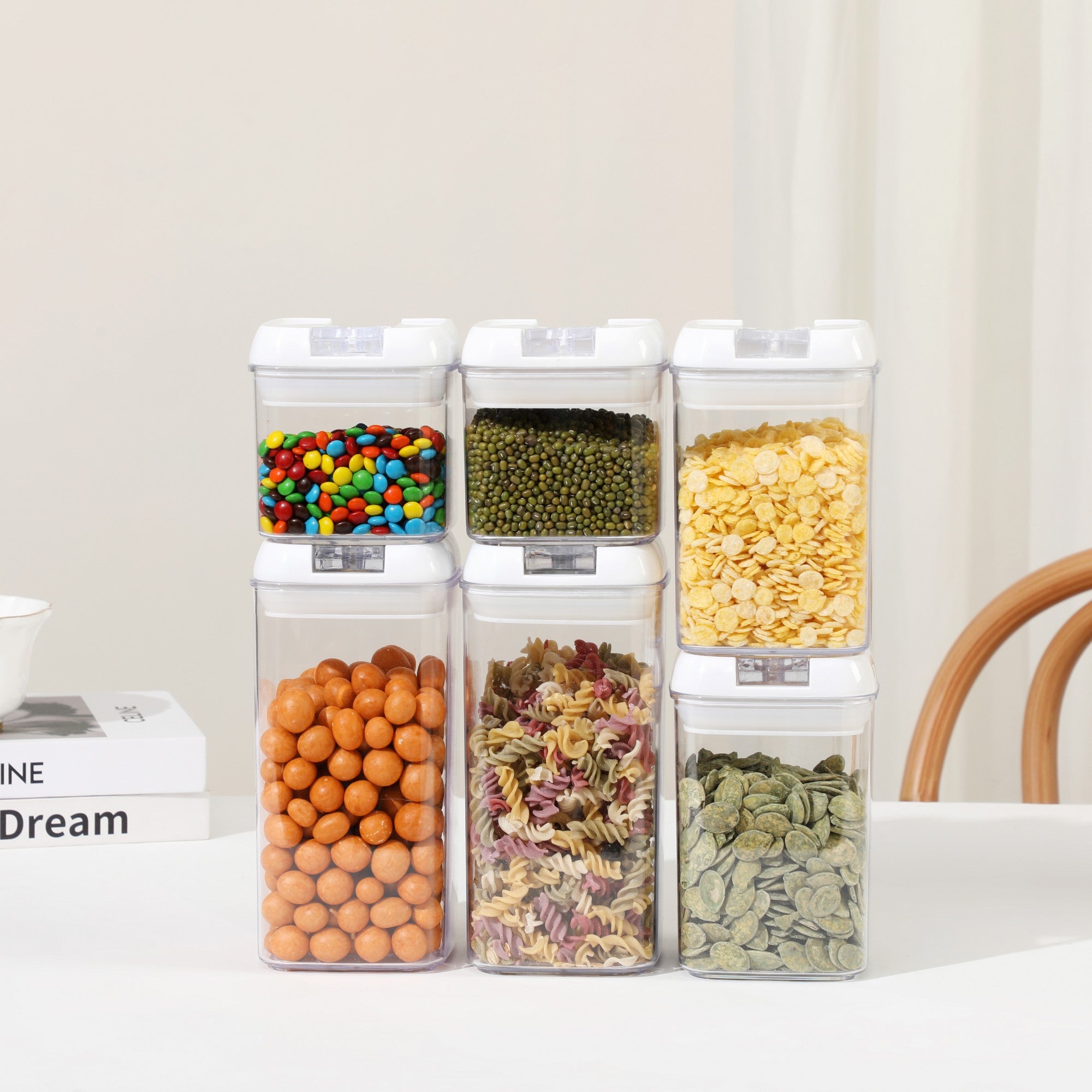 Set 6 Recipiente din Plastic, pentru Alimente/Obiecte, Inchidere Ermetica, 2 x 0.5l, 2 x 0.8l, 2 x 1.2l, Capac Alb, Transparent