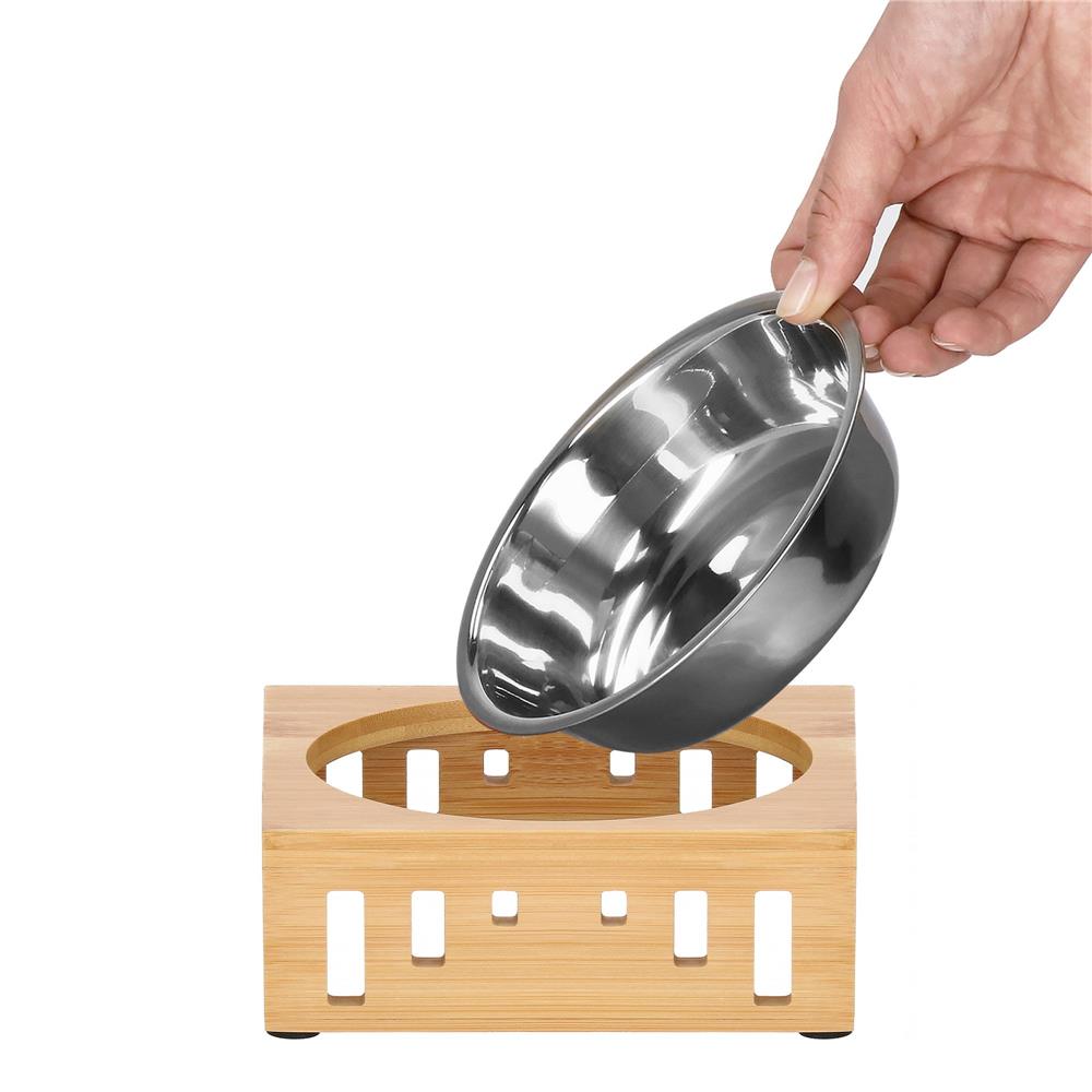 Castron inox, bol, pentru caine sau pisica, cu suport din bambus, 15cm