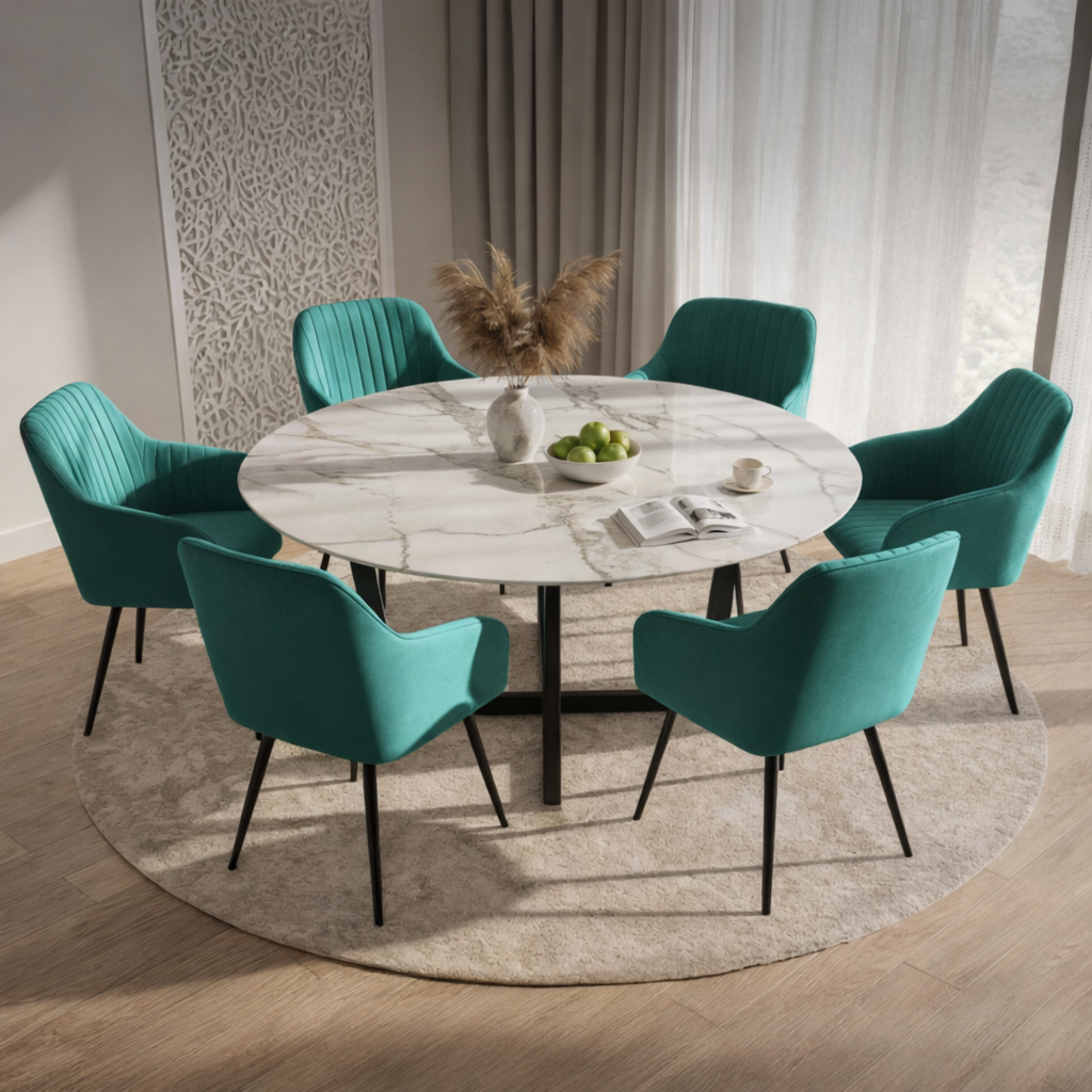 Set 6 scaune tapitate, Livo, velur matlasat, 46x44x87 cm, verde smarald