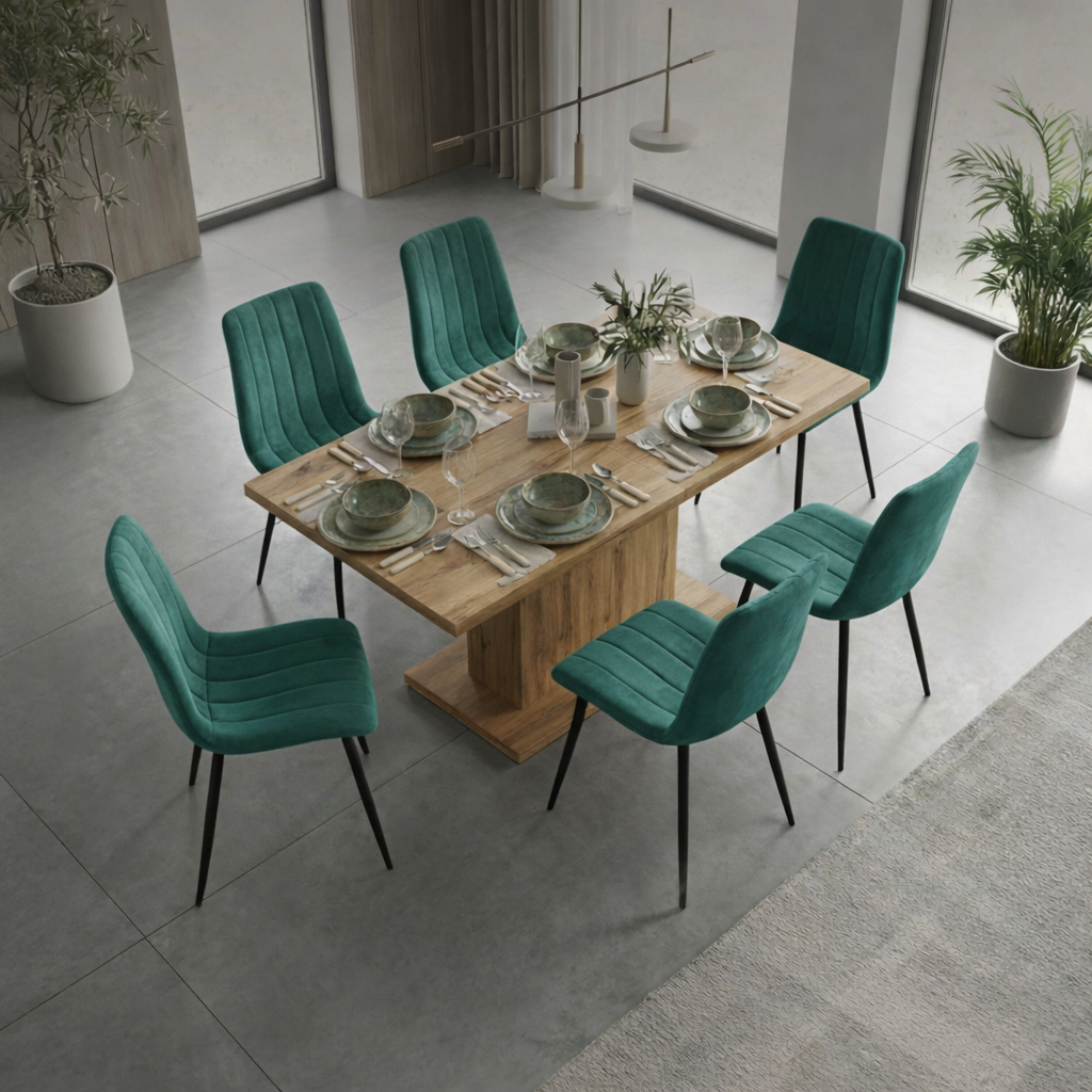Set 6 scaune tapitate, Livo, velur matlasat, 46x44x87 cm, verde smarald