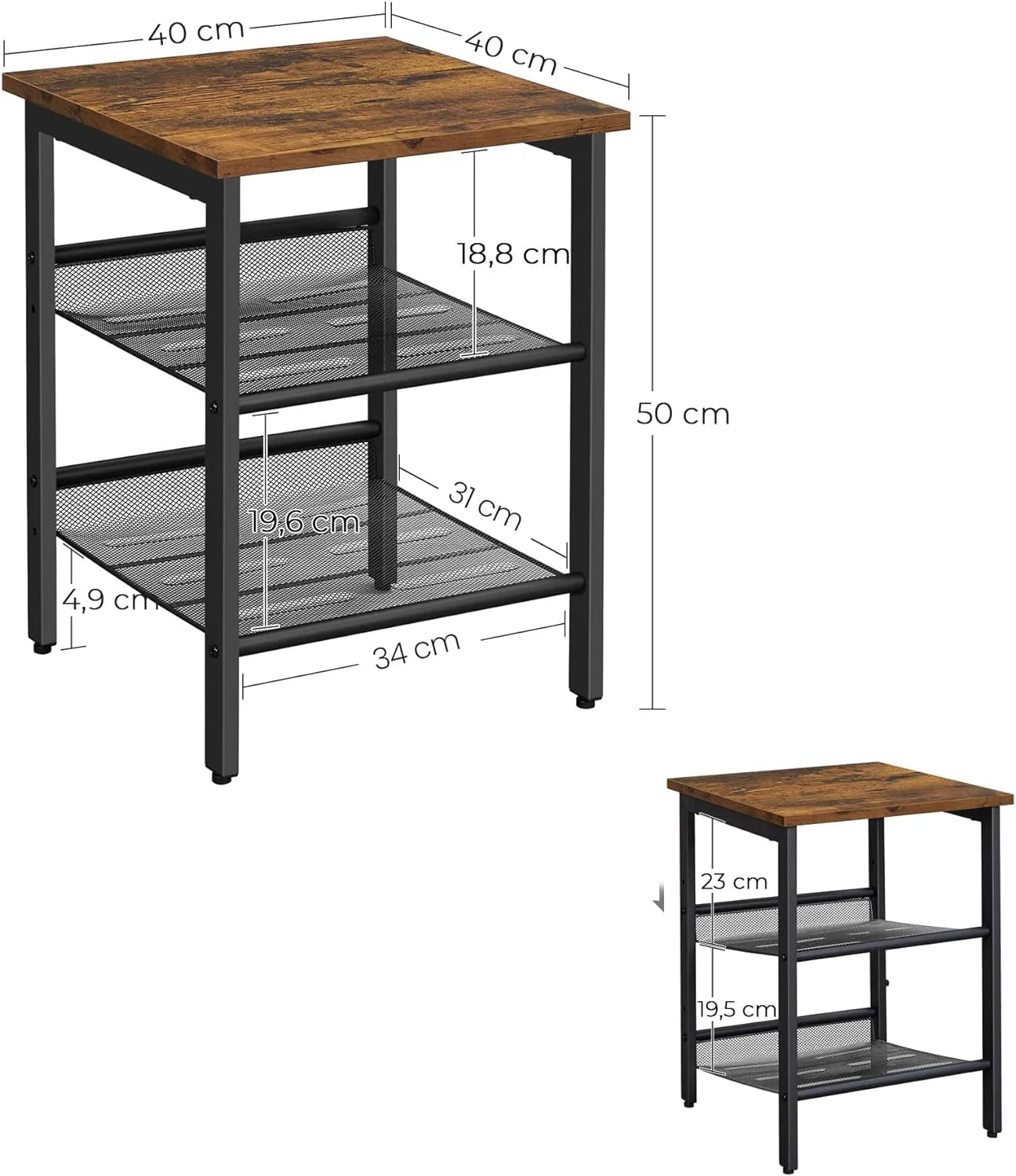 VASAGLE Set de 2 noptiere, cu cadru metalic, blat MDF, rafturi reglabile, 40x40x50cm, maro rustic