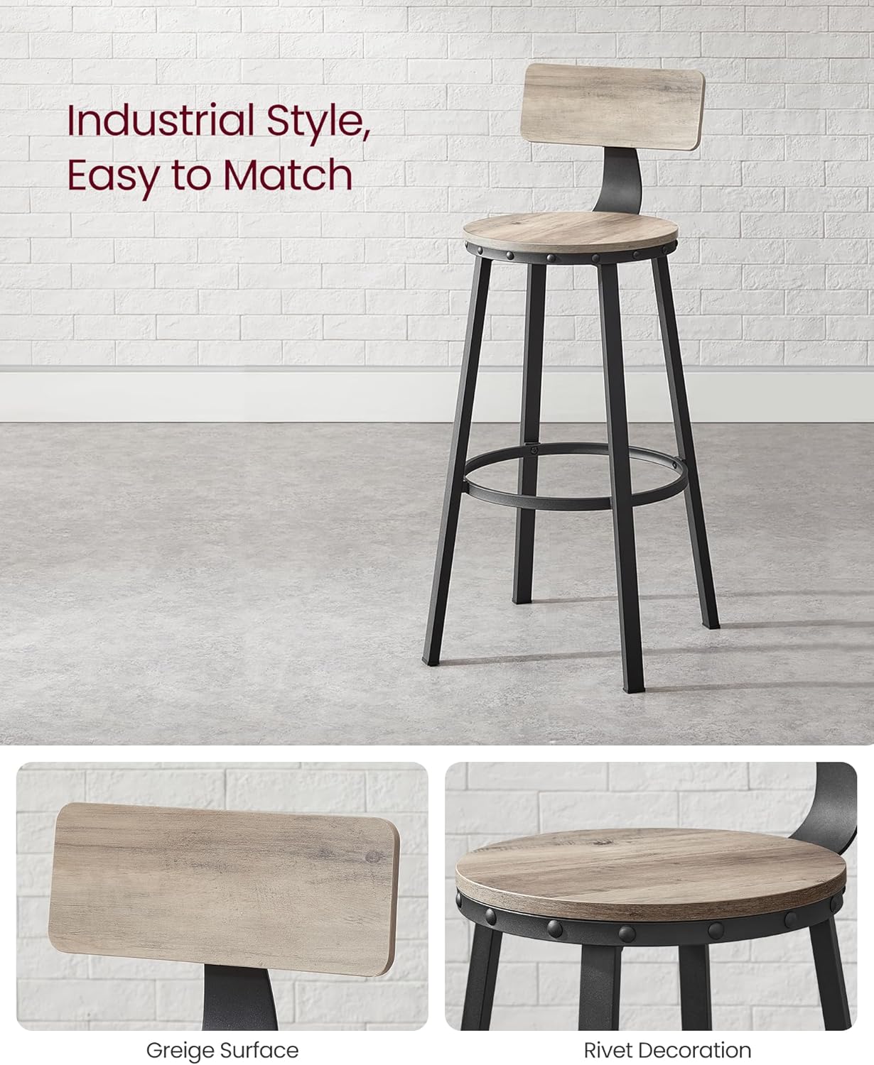 VASAGLE Set de 2 scaune de bar inalte cu spatar, cadru din otel, industrial, 54x99cm, gri stejar - 7