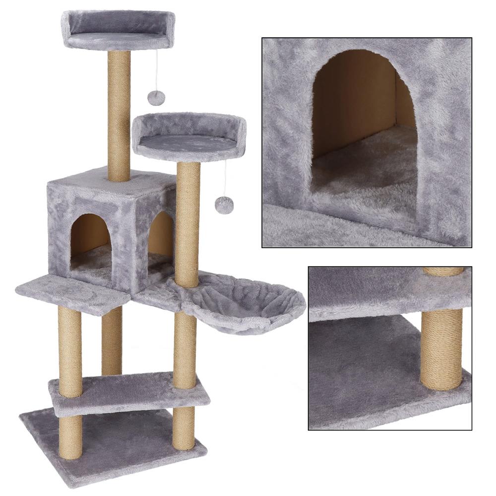 Ansamblu de joaca pentru pisici, cu loc pentru zgariat, ascuns, culcus, mingi, 129cm, gri