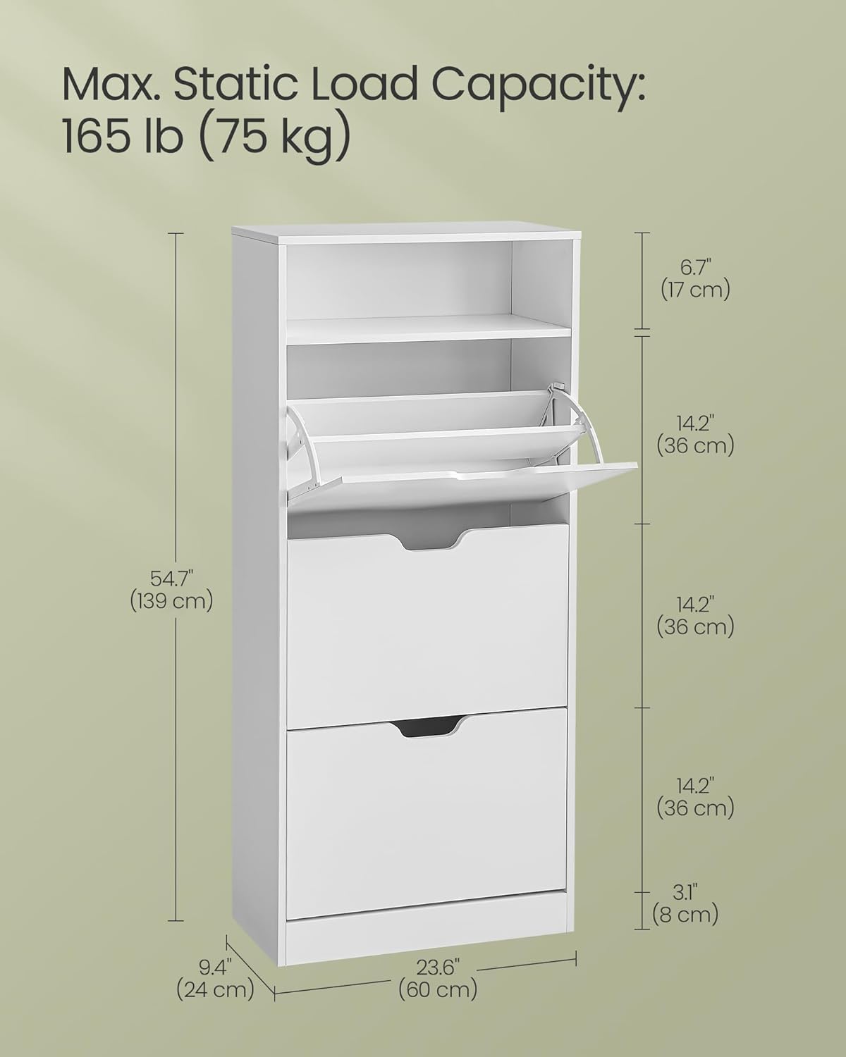VASAGLE Dulap pantofi cu 3 usi rabatabile, pentru 14-18 perechi, 60x24x130 cm, alb