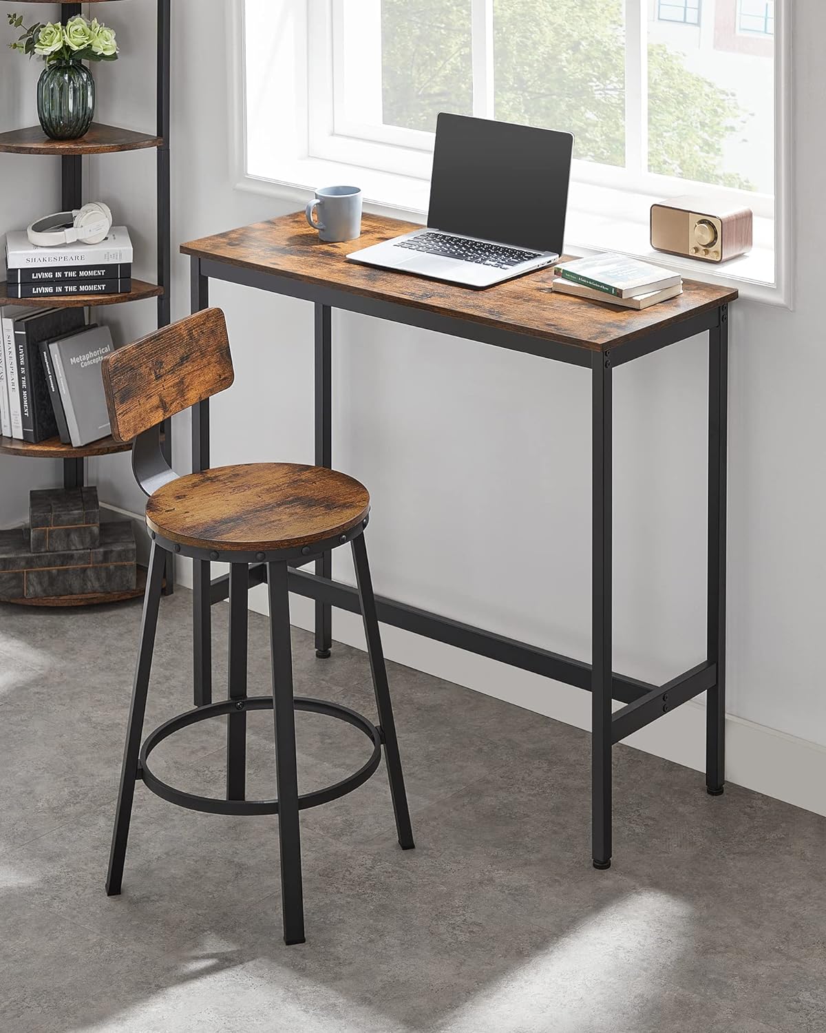 VASAGLE Set de 2 scaune de bar inalte cu spatar, cadru din otel, industrial, 51x89cm, maro rustic - 7