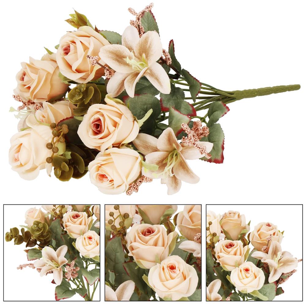 Buchet de flori artificiale din poliester, 10 fire trandafiri si crini, 37cm, crem