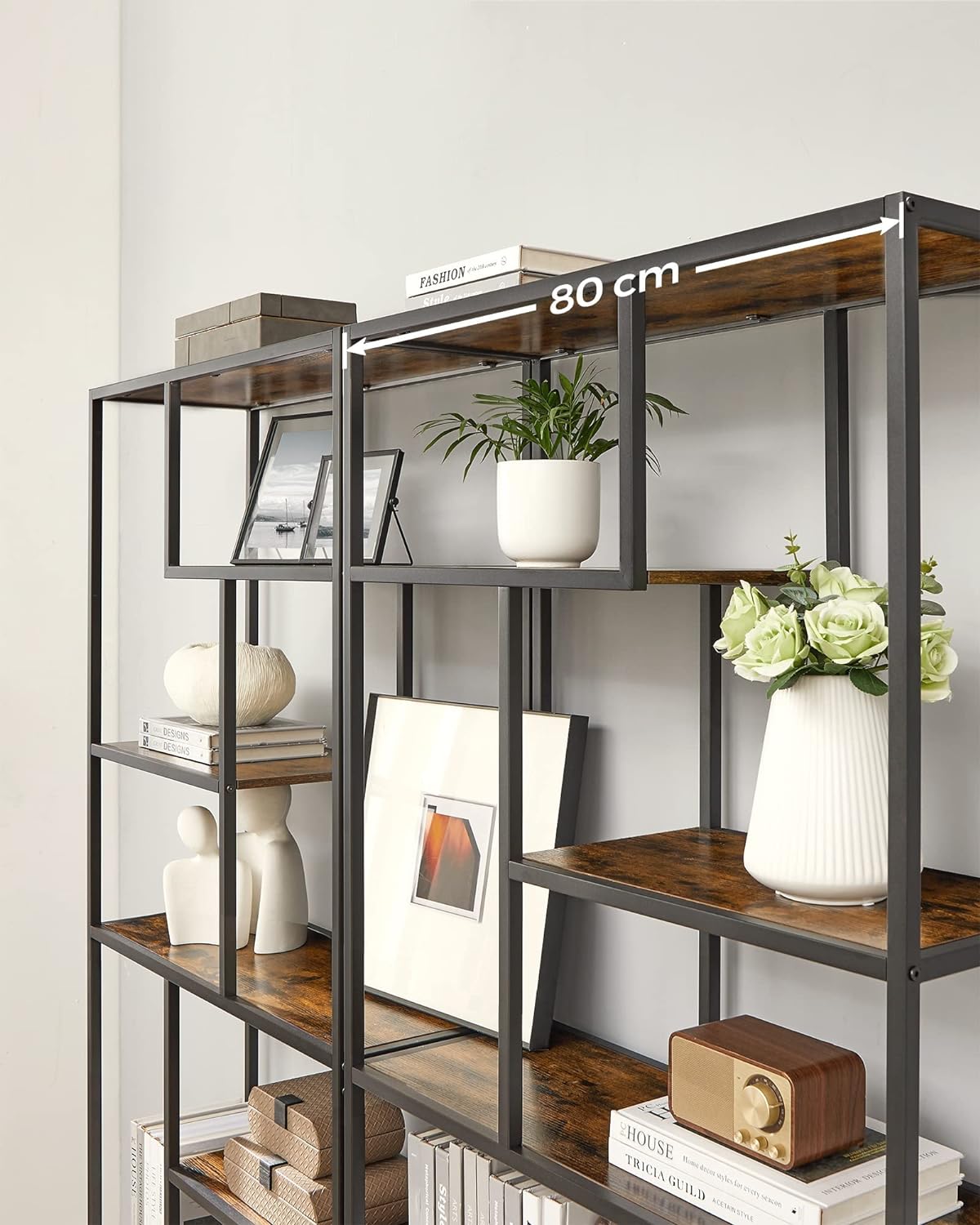 VASAGLE Biblioteca cu forma geometrica, pe 6 nivele, stil industrial, 30x80x180cm, maro rustic si negru