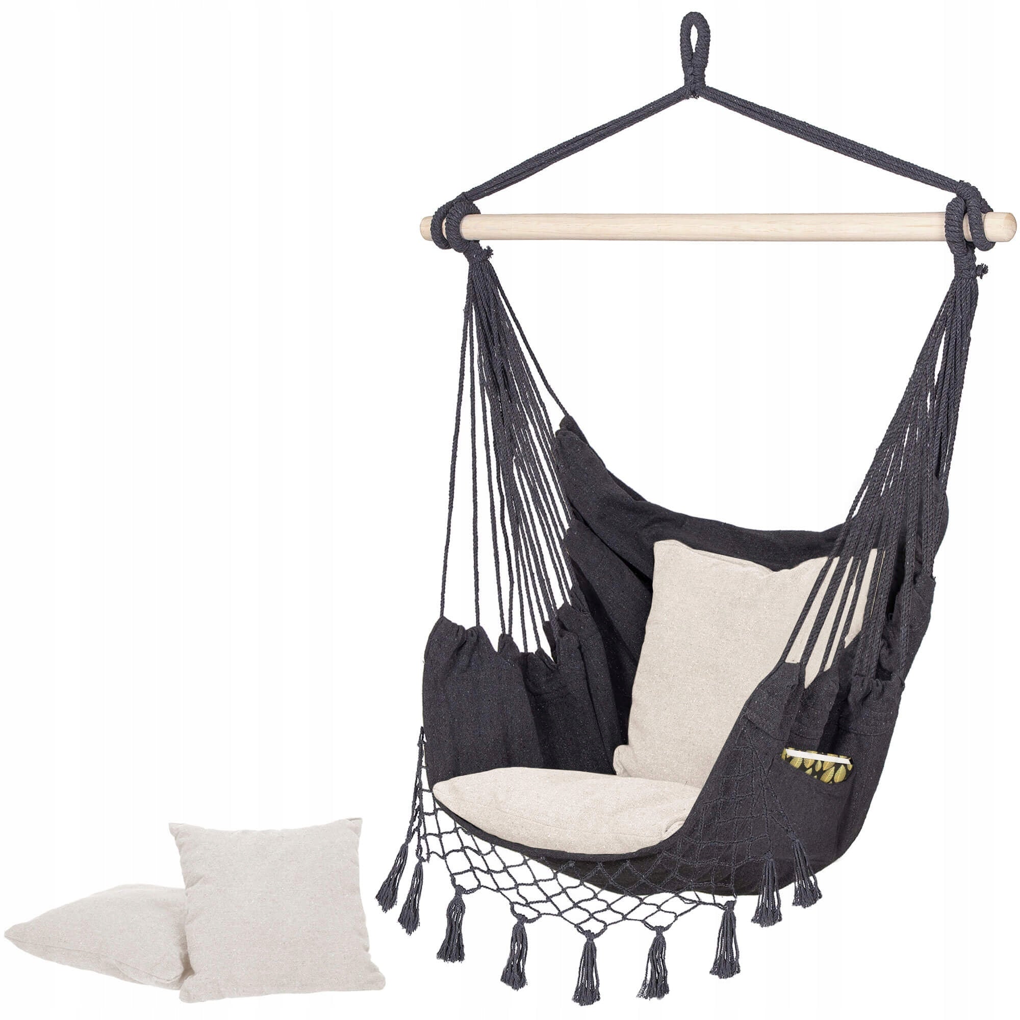 Hamac tip leagan suspendat pentru casa sau gradina HM44, gri inchis cu perne, 130x100cm, 150kg