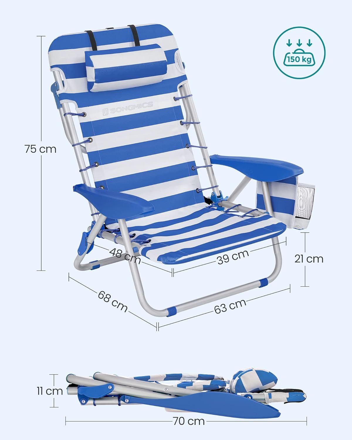 SONGMICS Scaun de plaja portabil cu spatar rabatabil in 4 pozitii, cu cotiere, maxim 150kg, alb albastru