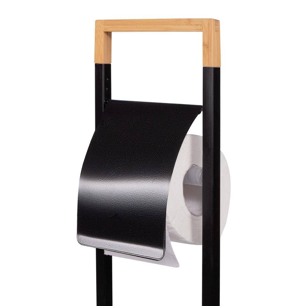 Stand cu perie WC si suport hartie igienica, metal si bambus, 74cm, negru