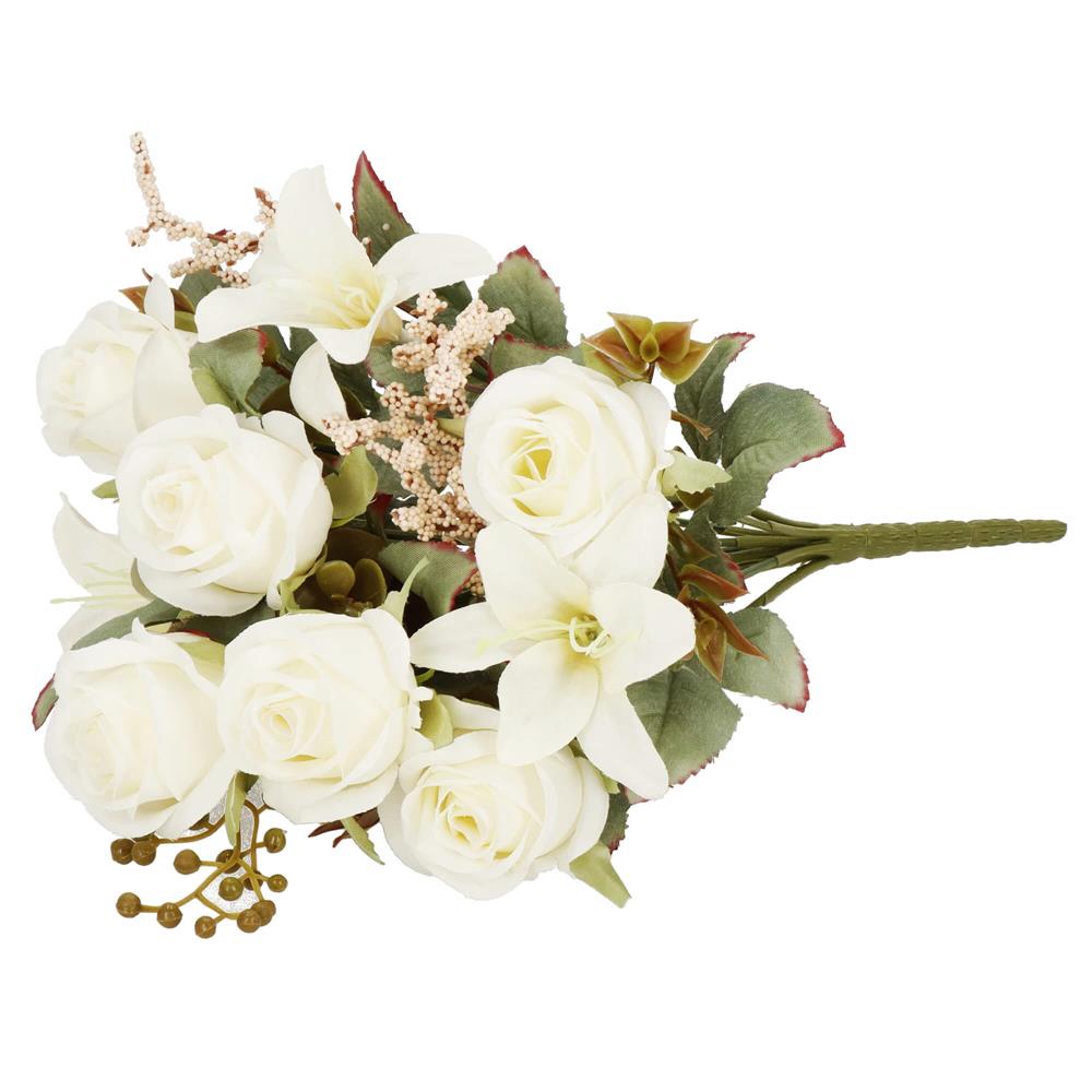 Buchet de flori artificiale din poliester, 9 fire trandafiri si crini, 37cm, alb
