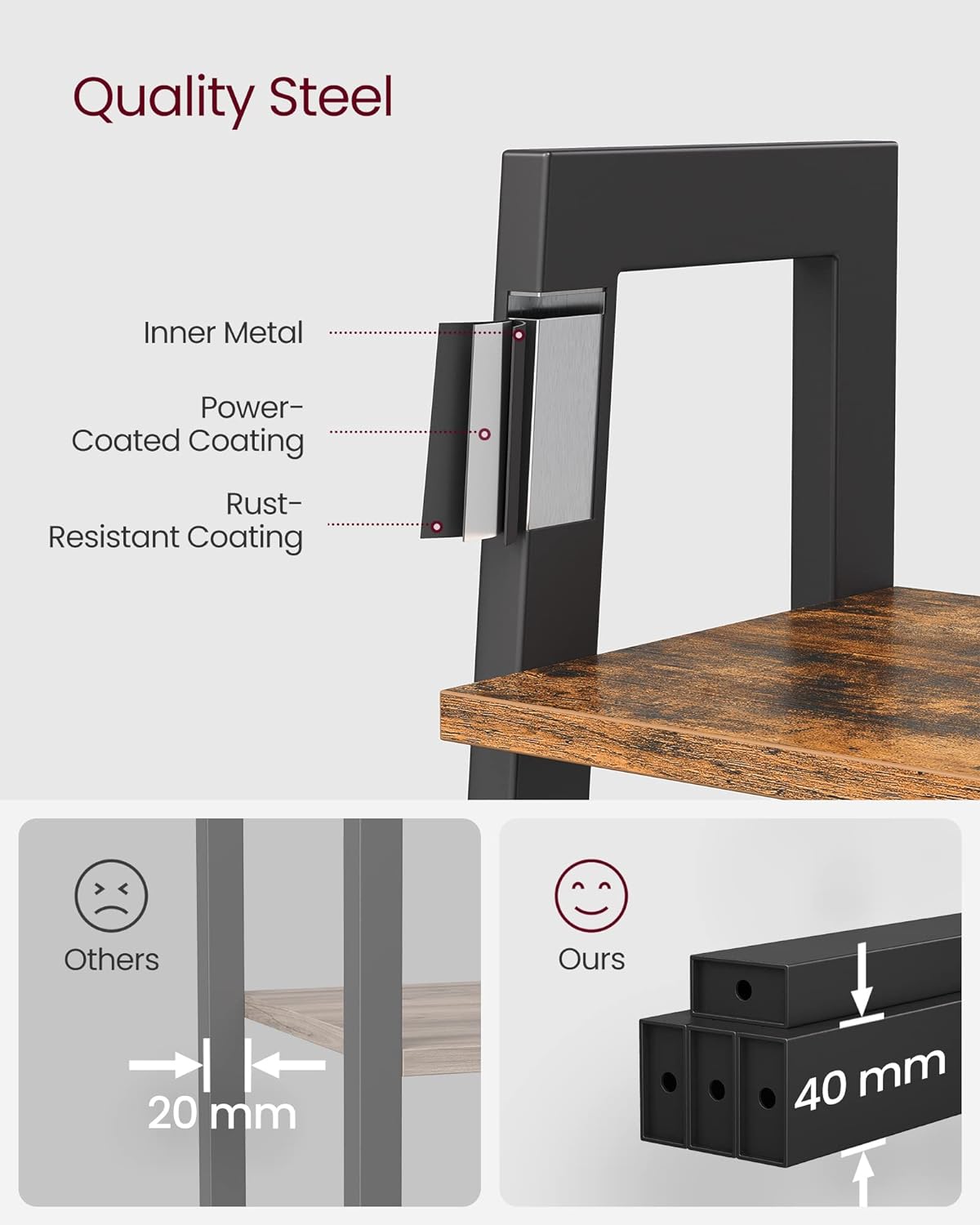 VASAGLE Biblioteca tip scara, cadru otel cu 5 polite din MDF, stil industrial, 56x34x172cm, maro rustic si negru