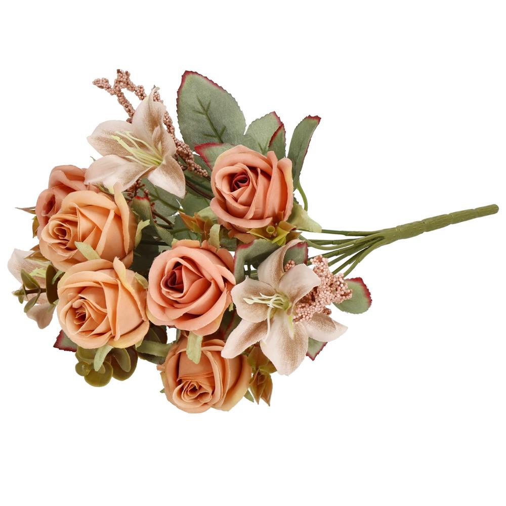 Buchet de flori artificiale din poliester, 9 fire trandafiri si crini, 37cm, roz