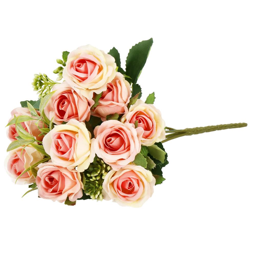 Buchet de flori artificiale din poliester, 10 fire trandafiri, 29cm, roz