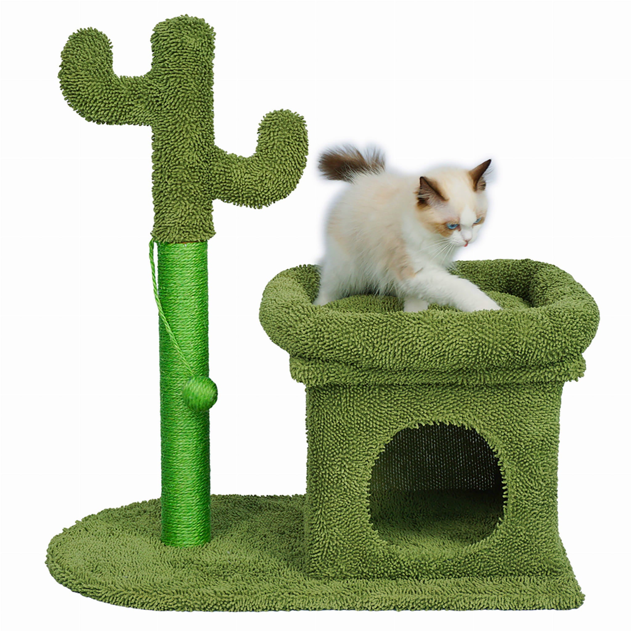 Ansamblu de joaca pentru pisici, model cactus, ascunzatoare, culcus, 63x40x72cm, verde