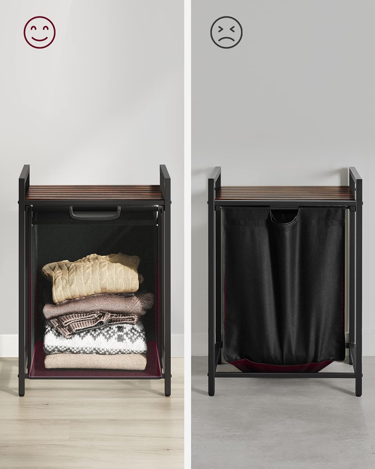 VASAGLE Cos de rufe, sac de rufe detasabil, raft, cadru metalic, 65L, 50x33x72 cm, maro rustic si negru