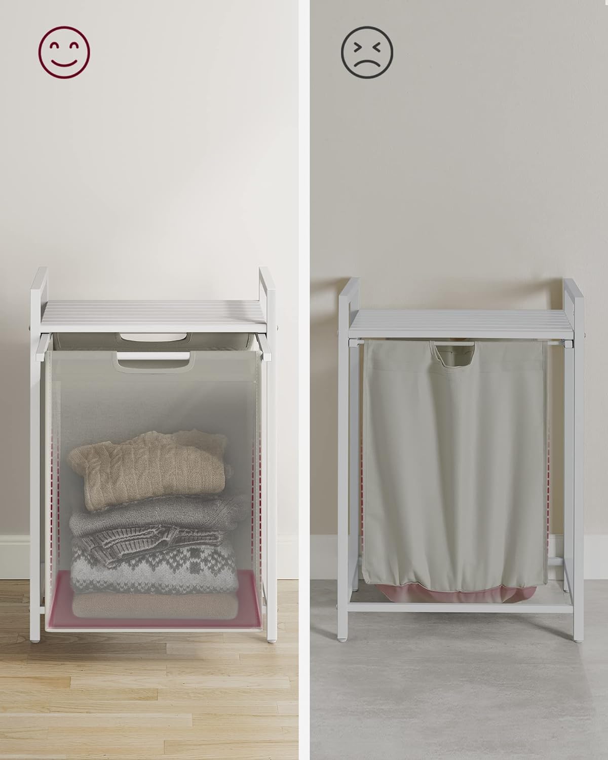 VASAGLE Cos de rufe, sac de rufe detasabil, raft, cadru metalic, 65L, 50x33x72 cm, alb