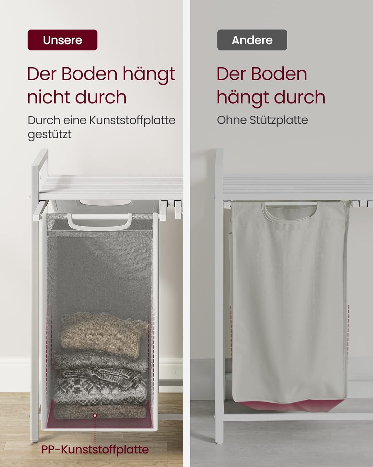 VASAGLE Cos de rufe, 2 compartimente, saci de rufe detasabili, raft, cadru metalic, 2x46L, 73x33x72 cm, alb