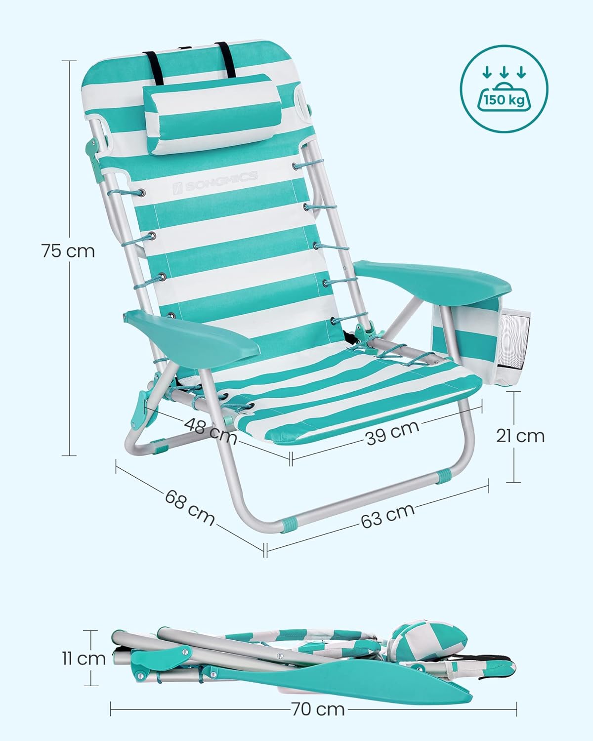 SONGMICS Scaun de plaja portabil cu spatar rabatabil in 4 pozitii, cu cotiere, maxim 150kg, alb verde