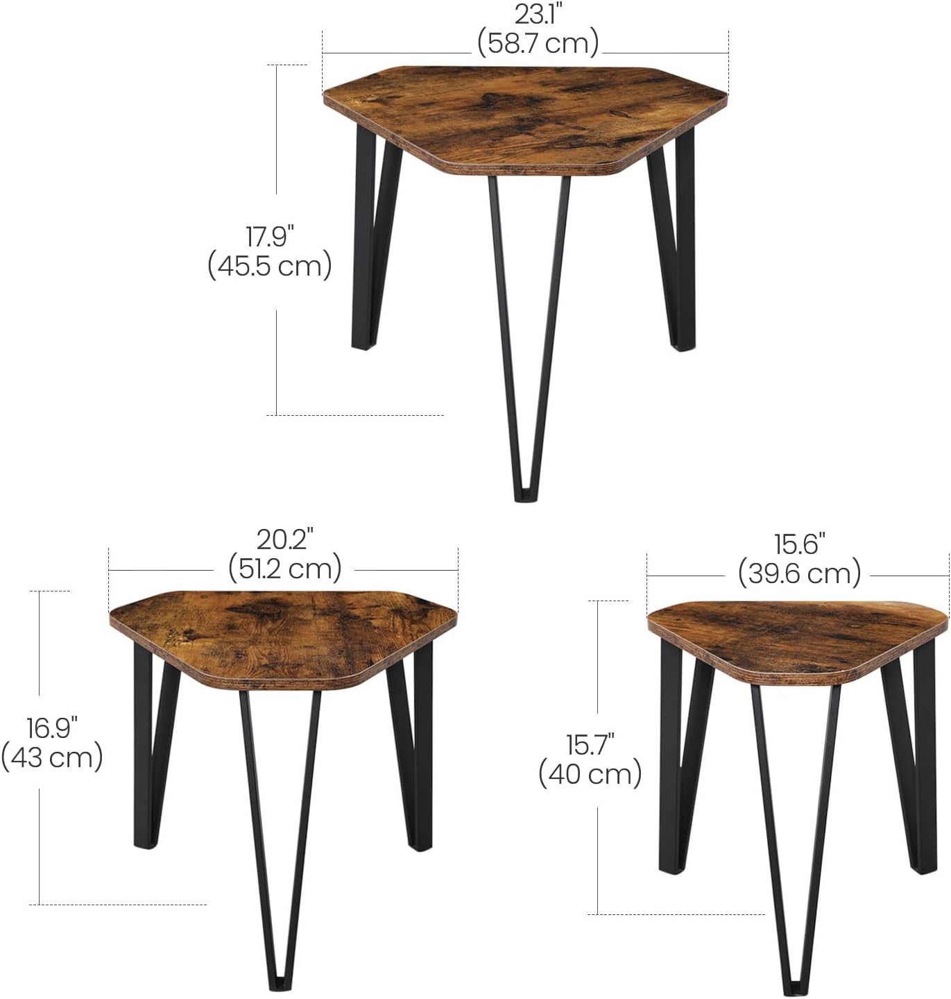 VASAGLE Set 3 mese de cafea suprapozabile, stil industrial, diametru 40, 51 si 59 cm, maro rustic