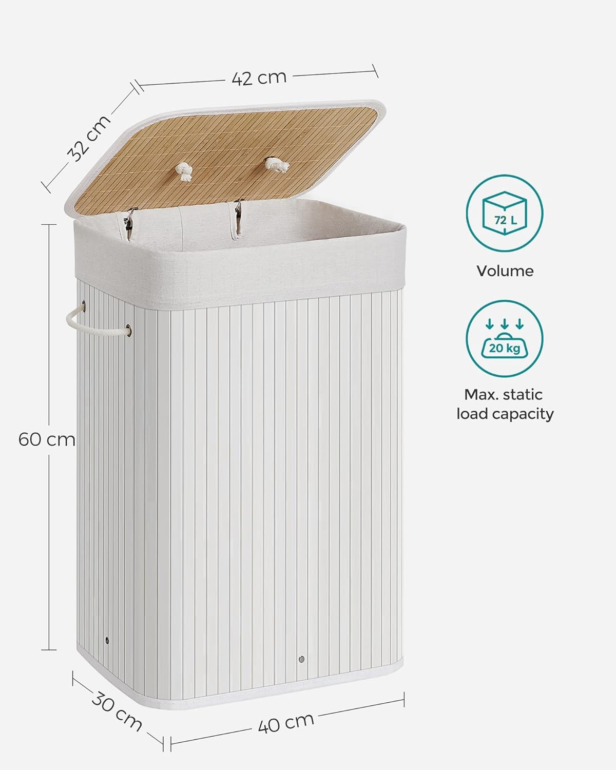 SONGMICS Cos de rufe din bambus, pliabil, cu captuseala detasabila lavabila, 72L, 40x30x60cm, alb