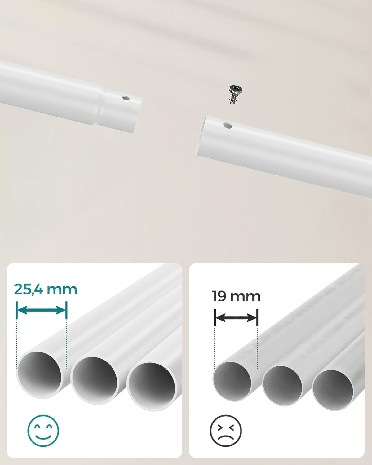 SONGMICS Suport pentru haine pe roti, cu polita, sina dubla, cadru metalic, sarcina 100kg, 53x104x155cm, alb