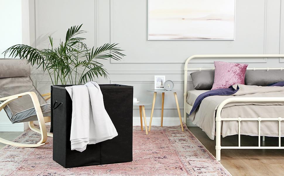 SONGMICS Cos de rufe textil, pliabil, 2 compartimente, saci detasabili, 142L, 60x36x66cm, negru