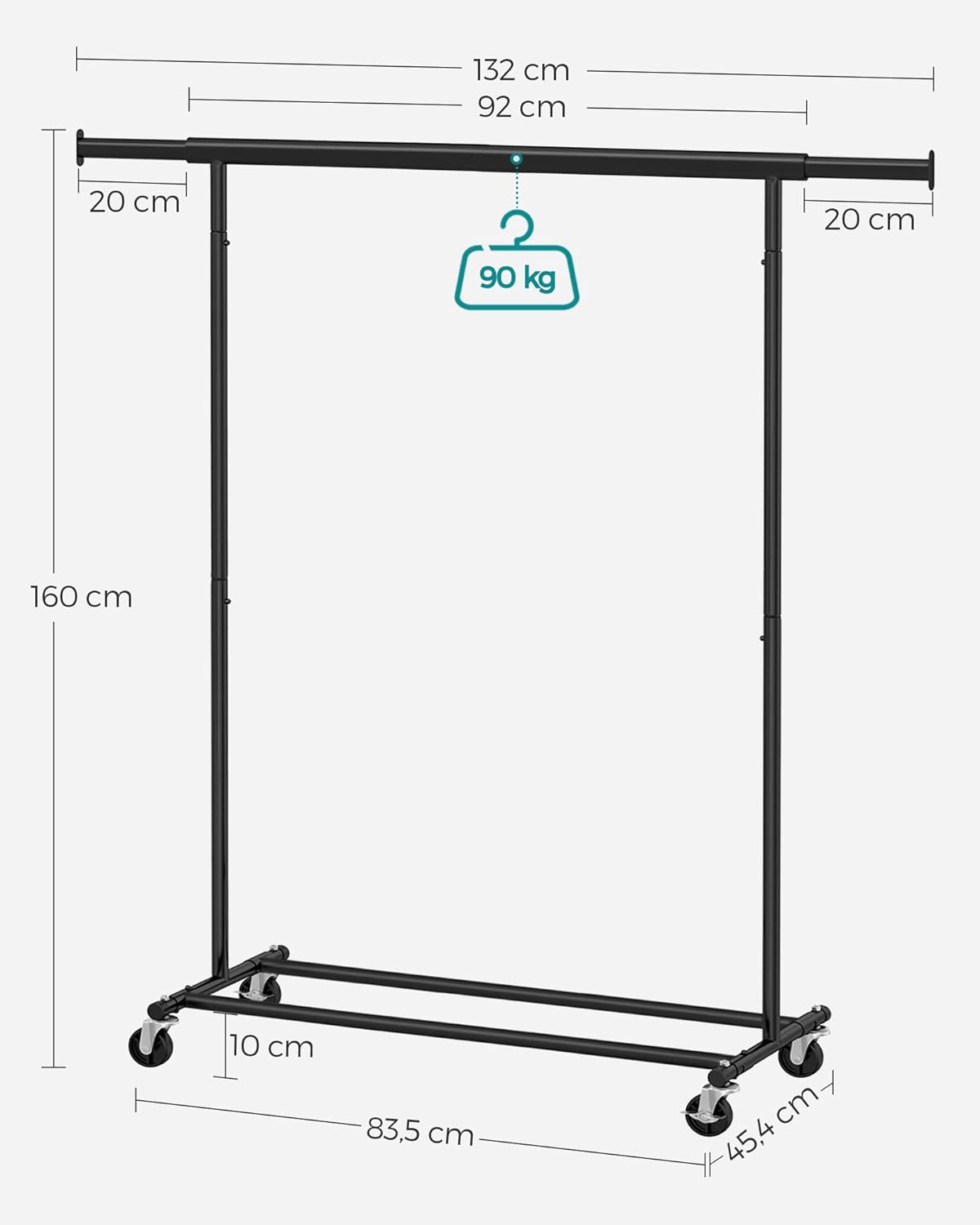 SONGMICS Suport pentru haine cu sina superioara extensibila, pe roti, reglabil pe latime, 45x(92-132)x160cm, negru