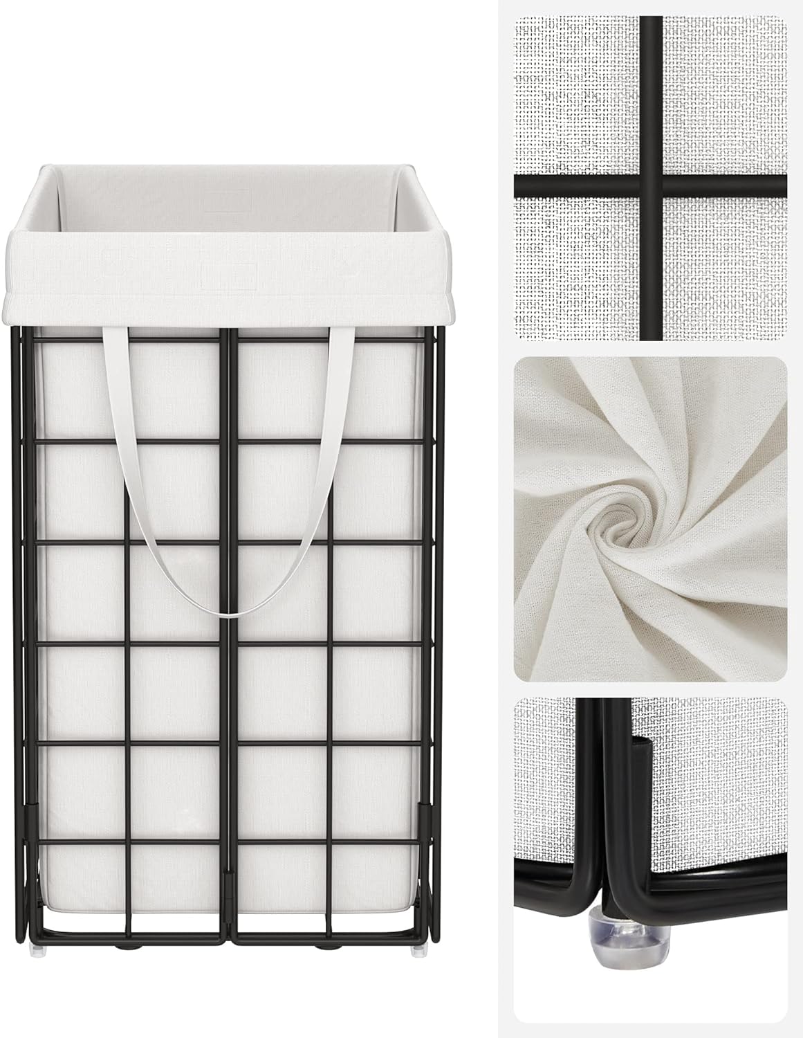 SONGMICS Cos de rufe pliabil cu cadru metalic, sac detasabil si lavabil, 90L, 48x33x58cm, negru si alb
