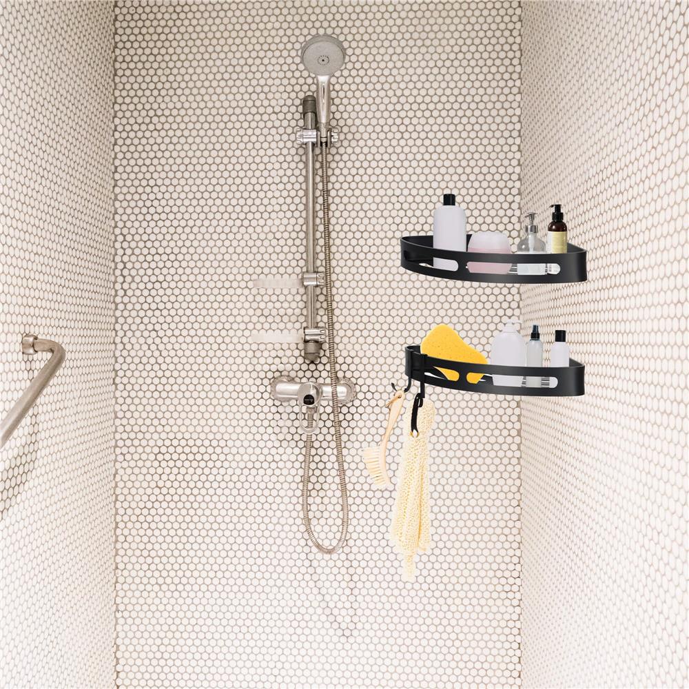 Set de 2 rafturi de baie pentru colt cu 2 sisteme instalare pe perete, aluminiu, 27x20x4cm, negru