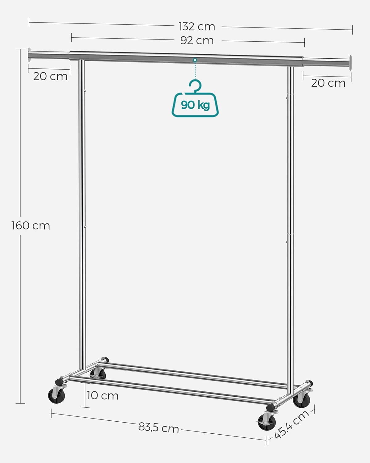 SONGMICS Suport pentru haine cu sina superioara extensibila, pe roti, reglabil pe latime, 45x(92-132)x160cm, inox argintiu